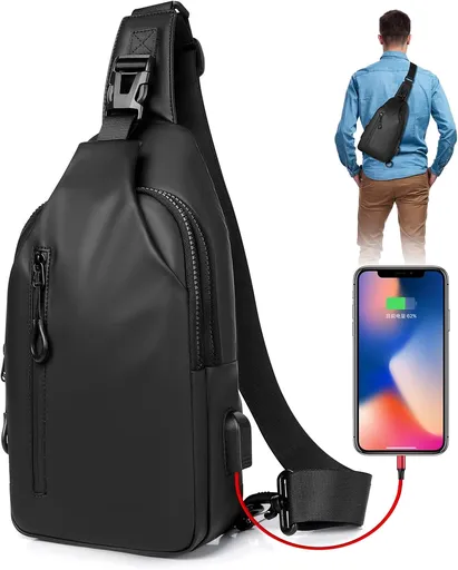 Small Crossbody Sling Backpack Casual Chest Daypack with USB Charger Port Waterproof Outdoor Chest Sling Bag Shoulder Chest Bag Daypack for Women & Men Perfect for Traveling Hiking Cycling