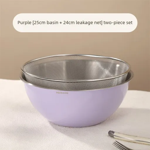 Purple Stainless Steel Mixing Bowl Set with Colander – Double-Layer Kitchen Basin for Salad, Washing, Mixing & Baking