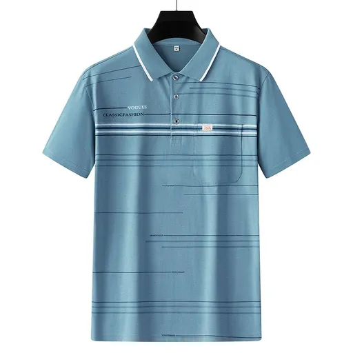 Men Summer Cotton Polo Shirt Loose Breathable B010 light blue XXXL