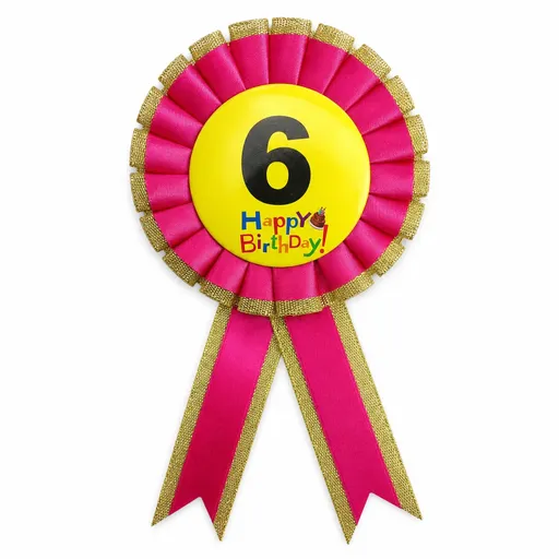 Kids Birthday Badge Rosette with Ribbon Party Favour Fancy Dress - Age 6 Pink