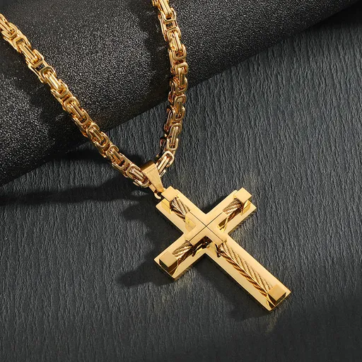 Men's Stainless Steel Layered Cross Pendant with Byzantine Chain - Fashion Statement Necklace(Gold)