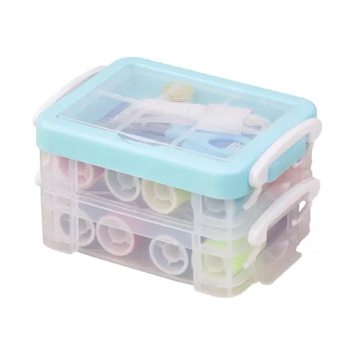 Blue 3-Layer Sewing Kit Box Set - Complete Home Sewing Organizer with 16 Thread Spools, Scissors, Needles & Accessories, Portable Transparent Storage for Craft and Repair