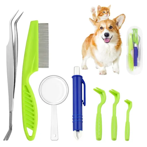 Tick Removal Tool Kit, 7Pcs Plastic Tick Removers Including Stainless Steel Tweezers and Comb for Dogs Cats