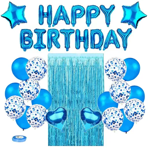 Blue Premium Foil Balloon Party Kit – Happy Birthday Banner, 2 Star & 2 Heart Foil Balloons, 10 Confetti + 10 Pearl Latex Balloons, 2m Fringe Curtain & 10m Ribbon – Elegant, Easy Setup for Birthdays & Celebrations