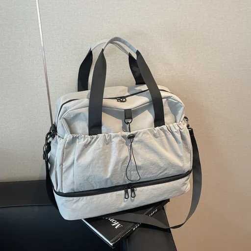 Grey and Black Large Capacity Travel Bag with Wet/Dry Separation - Canvas + Polyester, Lightweight Handbag for Short Trips and Fitness, Fits on Luggage