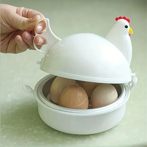 4-In-1 Chicken-Shaped Microwave Egg Cooker with Temp Control, Stainless Steel Plate, 4-Egg Capacity & One-Touch Operation for Home White