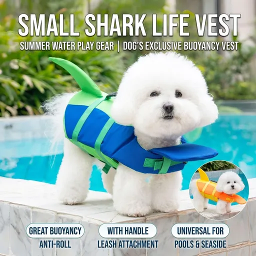 Dog Life Jacket with Shark Fin, Adjustable Pet Floatation Vest for Swimming, Boating and Beach Days, High Buoyancy Swimsuit with Rescue Handle for Small to Large Dogs (M, Blue)