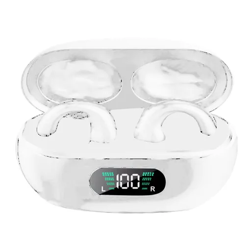 Ear Clip Bluetooth Earbuds Open Ear Bone Conduction 36H Playtime Clip On Wireless Earphones with LED Display Charging Case White