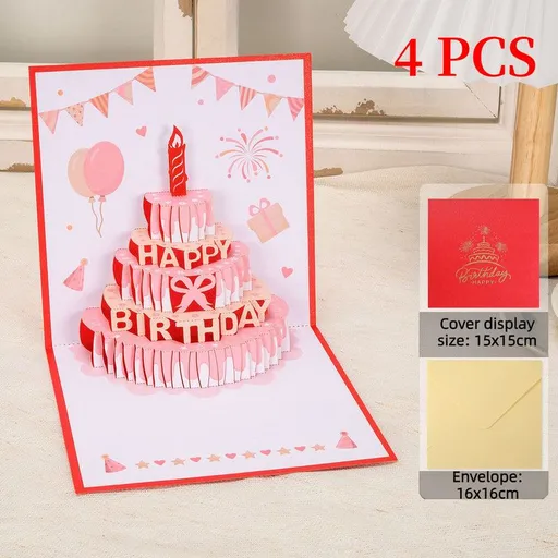 4-Pack - Cake 3D Pop-Up Birthday Cards, Papercut Foldable Greeting Gift Cards - Red