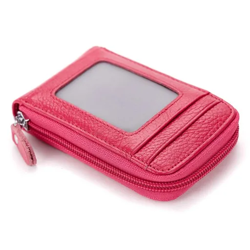 Premium Leather Slim Zipper Business/Credit Card Wallet Case Holder with Clear Photo Slot, Security Travel Wallet(Red)