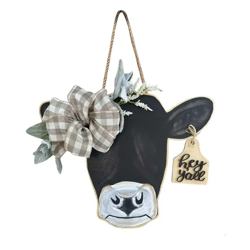 Orchids Cow Head Door Wreath Sign, Welcome Hanger for Front Door, Spring Farmhouse Artificial Leaves Outdoor Decors