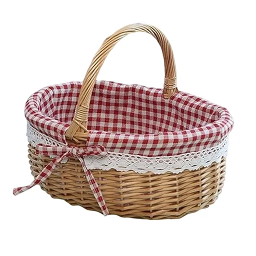 Wicker Picnic Basket with Handles and Linen Cloth Lining, Empty Baskets for Gifts, Woven Easter Basket, Willow Picnic Hamper Garden Harvest Basket, for Easter Egg Gathering, Candy, Toys Red