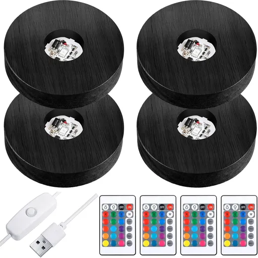 4 Pieces Wood LED Display Light Base Crystal Stand Remote Control Round 16 Lighting Modes Wooden Lighted Holder Colorful Pedestal for Glass Resin Ball(Black) black -