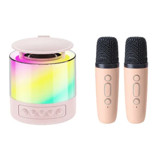 Bluetooth Karaoke Machine with 2 Wireless Microphones Mini Singing Speaker with Colorful Light Pink