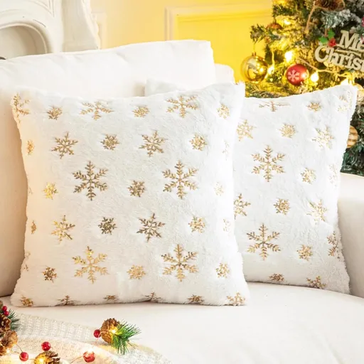 Faux Fur Fuzzy Decorative Throw Pillows Covers, Plush with Snowflake Sequins Glitter Throw Pillows for Christmas Decor Couch Sofa Bed Room, Golden Ivory White,18 x 18 Inch, Pack of 2