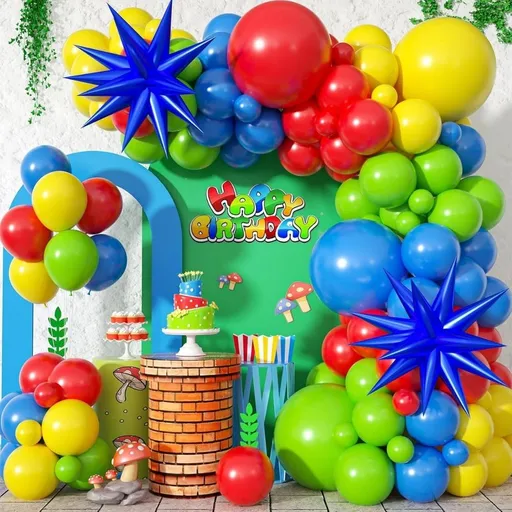 Red Yellow Blue Green Balloon Garland Kit, 110PCS Carnival Primary Color Balloon Arch Kit with Blue Starburst Foil Balloons, 5/10/18 inch Latex Balloons for Kids Birthday, Carnival, Backyard Party