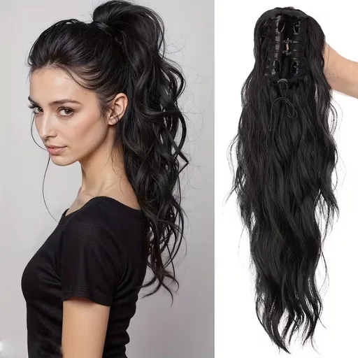 Water wave curly hair clip-in ponytail wig, made of high-heat-resistant synthetic material. Perfect for daily wear to add volume, ideal for holiday celebrations and Halloween parties.(BLACK)