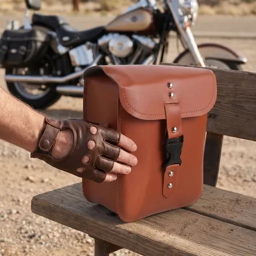 Brown Motorcycle Handlebar Tool Bag with Quick Mount for Front Fork Storage and Easy Access