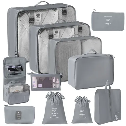 All-Inclusive Suitcase Garment Storage Kit, 11 Pcs Travel Pouches Including Double Drawstring Sacks, Hanging Wash Bag, Makeup Pouch & Electronics Bag, Grey, Premium Long Trip Gift