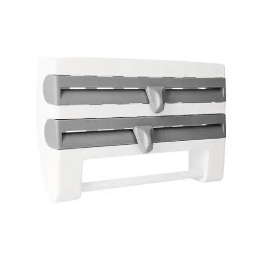 4In1 Wall Mount Kitchen Holder Foil Towel Roll Cling Wrap Rack Dispenser Cutter - Grey