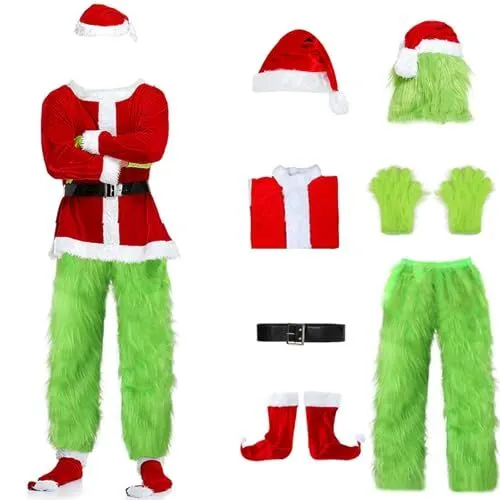 Adult Green Monster Christmas Santa Costume Set for Holiday Parties, Cosplay & Themed Events, L (green and red)