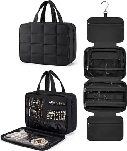 1 Piece Hanging Travel Makeup Bag with Jewelry Compartment for Women, 28×12×20 cm, Black
