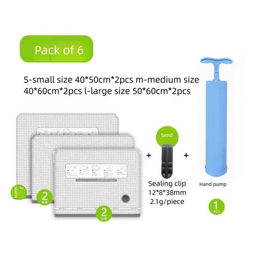 Six Vacuum Storage Bags Set with Hand Pump - Space Saving Compression Bags for Travel & Wardrobe Organization