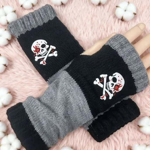 Warm Stylish Spliced Knit Half‑Finger Gloves Palm Protective Work Daily Wear 2 Pcs Skull Black Pattern for Christmas Gifting