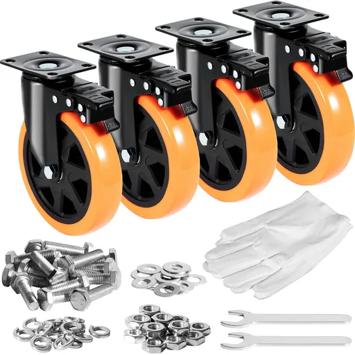 4 Pack 152.4mm Swivel Plate Caster Wheels Heavy Duty PVC Casters with A/B Security Lock Non Marking Silent Wheels 318kg Capacity per Caster