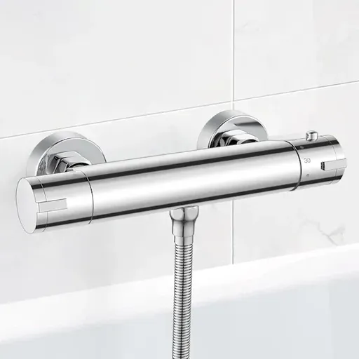 Wall-mounted thermostatic shower mixer with 38 degree C anti-scalding safety lockout, solid brass material, Chrome Finish