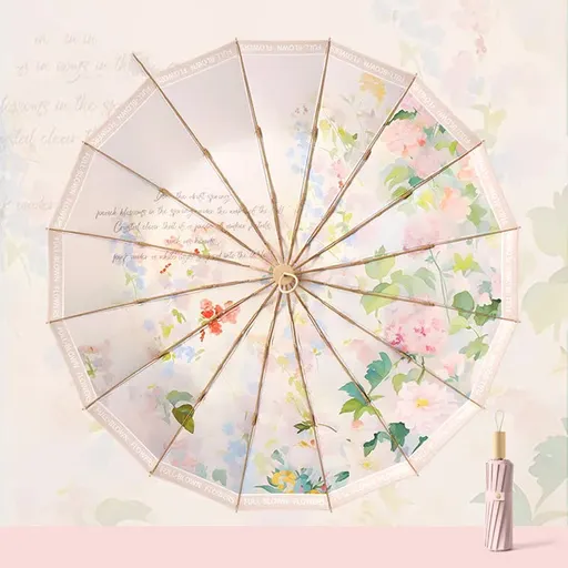 Traditional Chinese Style Folding Umbrella - Pink Floral Design with 16-Rib Structure