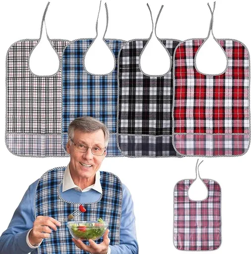 Washable Bib - 4 Pieces - Waterproof and Washable Bib - Bib for the Elderly - Large Bib, Senior Napkin - Disabled Apron - Drool Bib - Clothing Protector - Bib for Adults - Checked - 4 Colors - Washable Bib for Adults