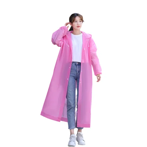2 pcs Pink Reusable EVA Hooded Raincoat - 150 g Lightweight Long Rain Jacket with Drawstring Hood, Snap Front and Elastic Cuffs for Travel, Walking and Outdoor Use