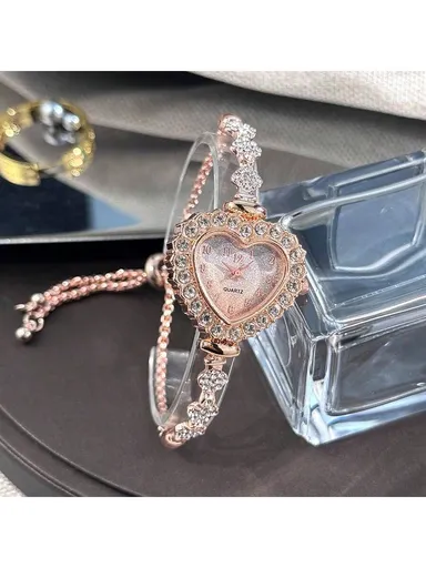 1pc Women Metal Chain Bracelet Watch Fashionable Heart Shaped Case Arabic Scale Dial Drawstring Adjustable Size Daily Decoration Ideal Valentine s Day Gift