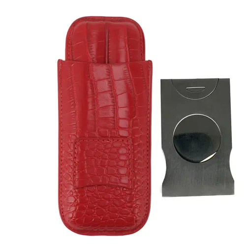 2 Finger Cigar Case Cigar Sleeve Portable Travel Cigar Holder Moisturizing Function With Cutter Red