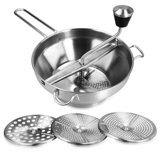 8.1" Stainless Steel Rotary Food Mill with Hand Crank and 3 Grinding Discs - Grind & Puree Tomato Sauce, Mashed Potatoes