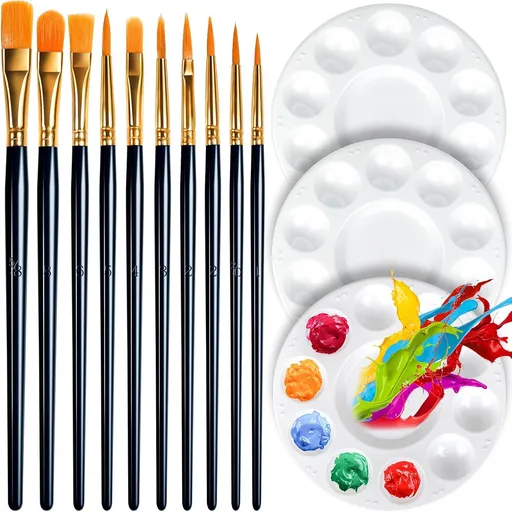 Round Paint Tray Palettes and Paint Brushes Set, Paintbrushes, 3 PCS Plastic Paint Palettes Pallets, 10 PCS Acrylic Paint Brushes, Nylon Hair Painting Brushes, or Acrylic Oil Watercolor