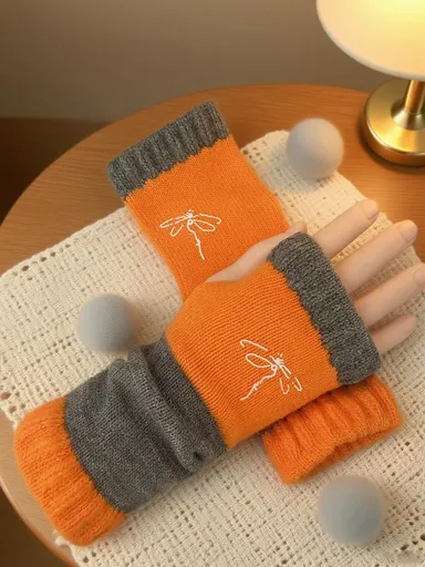 Warm Stylish Spliced Knit Half‑Finger Gloves Palm Guard Work‑Ready Accessory 2 Pcs Dragonfly Orange Yellow Pattern Suitable for Christmas Gifting