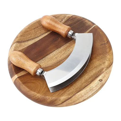 Cutting Board & Knife - Wooden Chopping Board & 2-Bladed Curved Herb Cutter - Round Wood Board & Double Blade Rocker Chopper