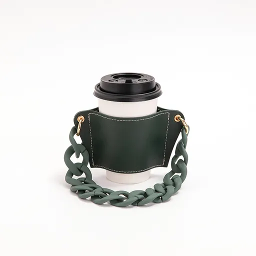 2 Pcs Dark Green Detachable Chain Coffee Cup Sleeve - PU Leather Insulated Cup Holder with Handle, 16cm Top, 70g(Cup not included, only cup sleeve and chain)