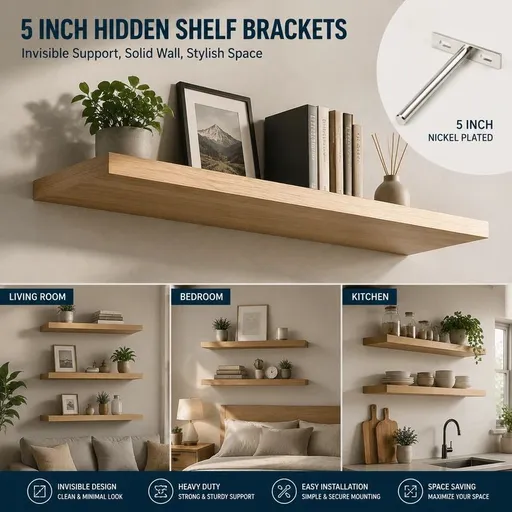5" Nickel Hidden T Shelf Bracket 2Pcs w/ 5x60&5x80 Screws