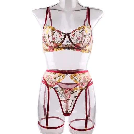 House Of Dasein Bright Cheery Fun Floral Lingerie Garter Belt Panties Bra Sets - Burgundy - M
