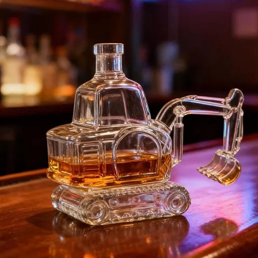 Excavator Shaped Whiskey Decanter Bottle 300ml Clear Glass Hand Carved Liquor Storage Carafe for Home Bar Office Gift Men Husband