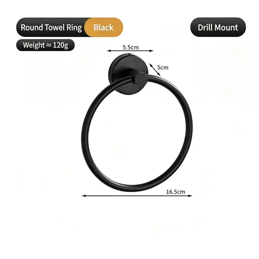 Round Towel Ring - Drill Mount (Black) | Heavy Duty Stainless Steel Towel Holder, Christmas Durable Bath Hardware for Long Term Use