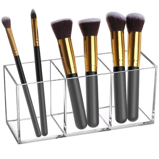 Clear Makeup Brush Holder Organizer, Acrylic Cosmetic Brushes Storage with 3 Slots, Eyeliners Display Case for Vanity
