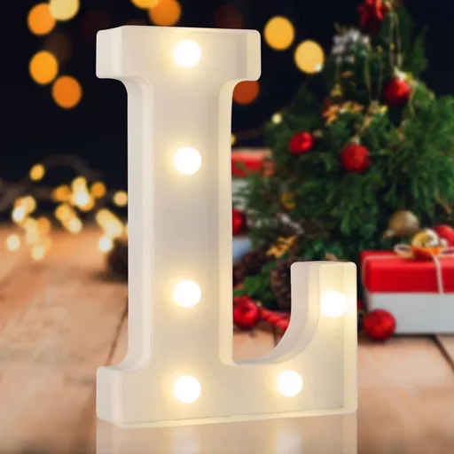 Sign letter L, warm white, 26 letters, 10 numbers, heart and & symbol; for birthday, party, Christmas, home, bar, wedding decoration; DIY word combinations; wall & tabletop display; battery operated.