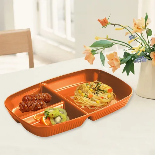 Large 10 Inch Wheat Straw Divided Plates for Adults Picnic, 3 Compartment Plates, Unbreakable Portion Control Plate, Reusable Plastic Compartment Plates, Dinner Plates Dessert Plates 10.4×7.1 in Orange