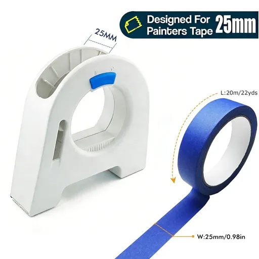 Masking Tape Dispenser with Serrated Metal Cutting Edge Ergonomic Arch Design for Painting Edging, Tile Grouting, Wall Trim and DIY Surface Protection (White Dispenser 25mm + 25mm Blue Tape)