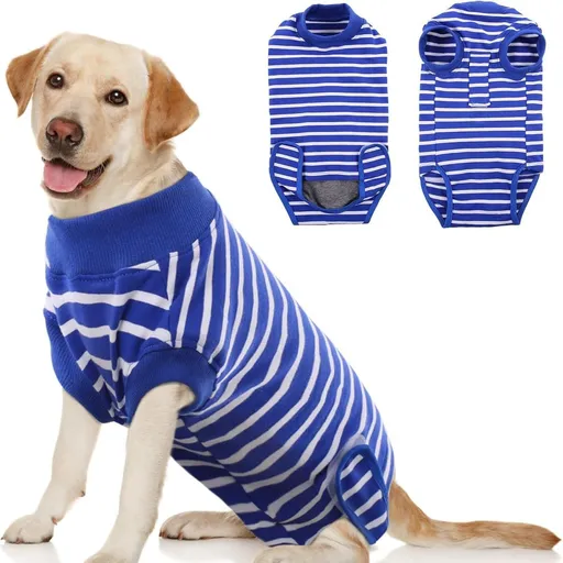 Dog Rehabilitation Surgical Clothing - Male and Female, Adjustable Anti Licking, Breathable and Comfortable, L， blue stripes