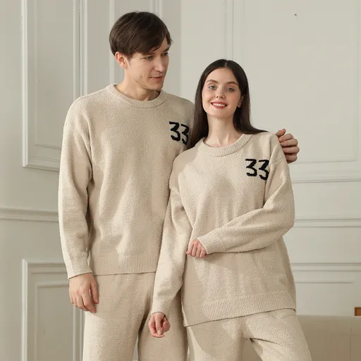 Khaki Women's Warm & Cozy Semi-Flannel Couple's Pajamas — Knitted Digital Pattern, Soft Fleece Material, Pullover Style: The Ideal Choice for Loungewear in Autumn and Winter.